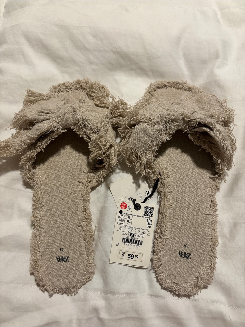 ZARA Frayed Terry-Style Slide Sandals in Beige